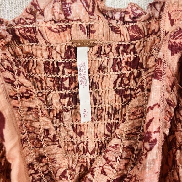 Free People Smock To Me Puff Sleeve Ruched Apricot Pink Floral Mini Dress Small - Picture 5 of 7